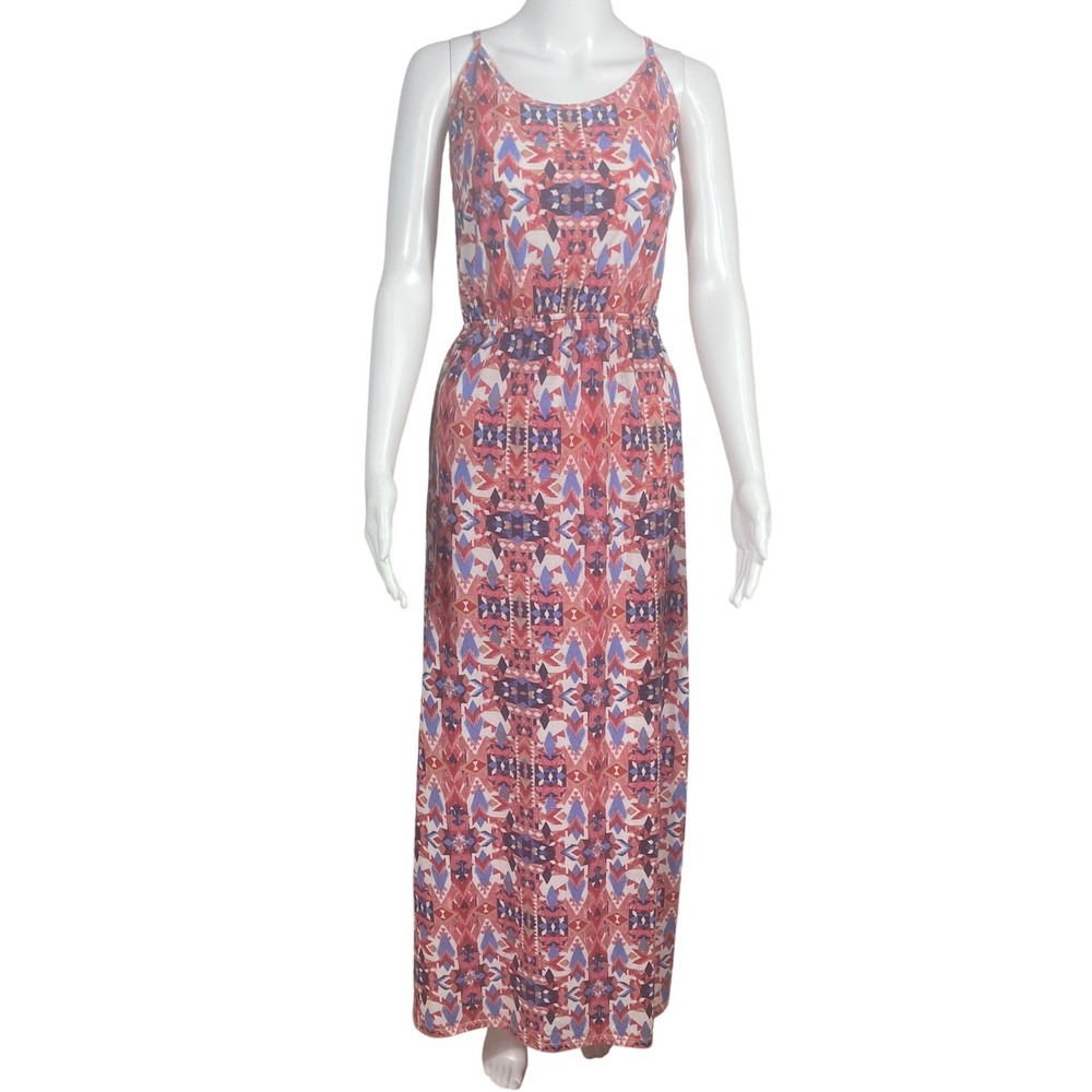 M Southwestern Print Maxi Dress with Crochet Lace Racerback Red Blue White